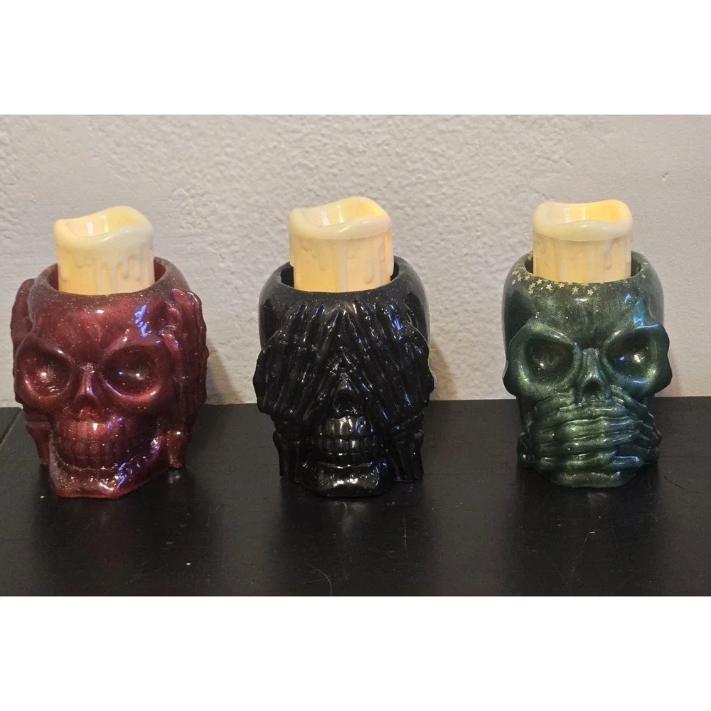 Handmade Resin Skull Candle Holder Vase‎ Set Of 3 Black Green Red Goth Garden